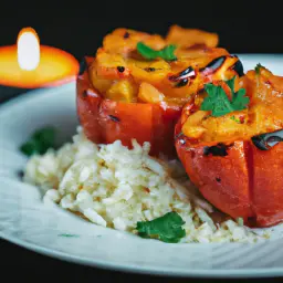 Gefüllte Paprikaschoten mit Tomatensoße und Reis